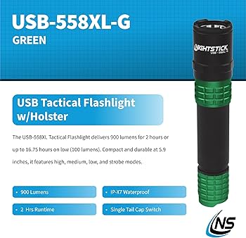 Nightstick Tactical Flashlight USB Rechargeable, Green USB-558XL-G
